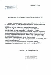 Rekomendacja superwizorska dla Artura Ulmana na członka zwyczajnego towarzystwa psychoterapii.