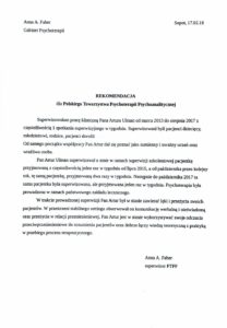 Rekomendacja superwizorska dla Artura Ulmana na członka zwyczajnego towarzystwa psychoterapii.