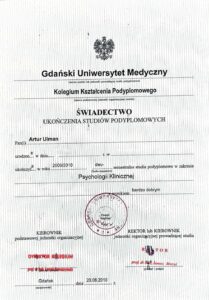 Dyplom ukończenia studiów podyplomowych z zakresu psychologii klinicznej – Artur Ulman.